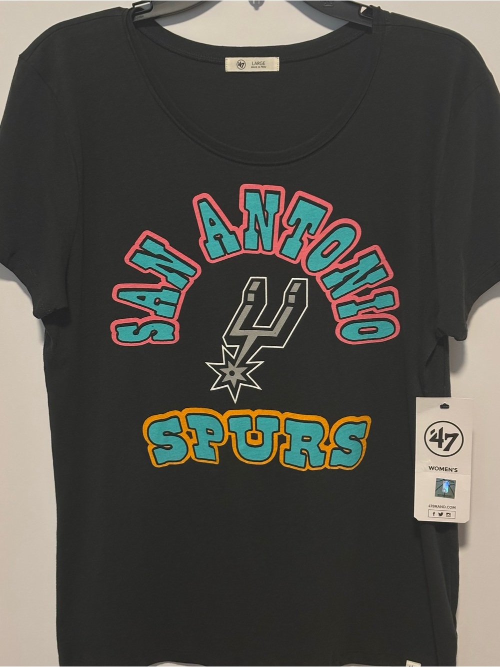 San Antonio Spurs Black Tee with Turquoise, Pink & Gold Accents